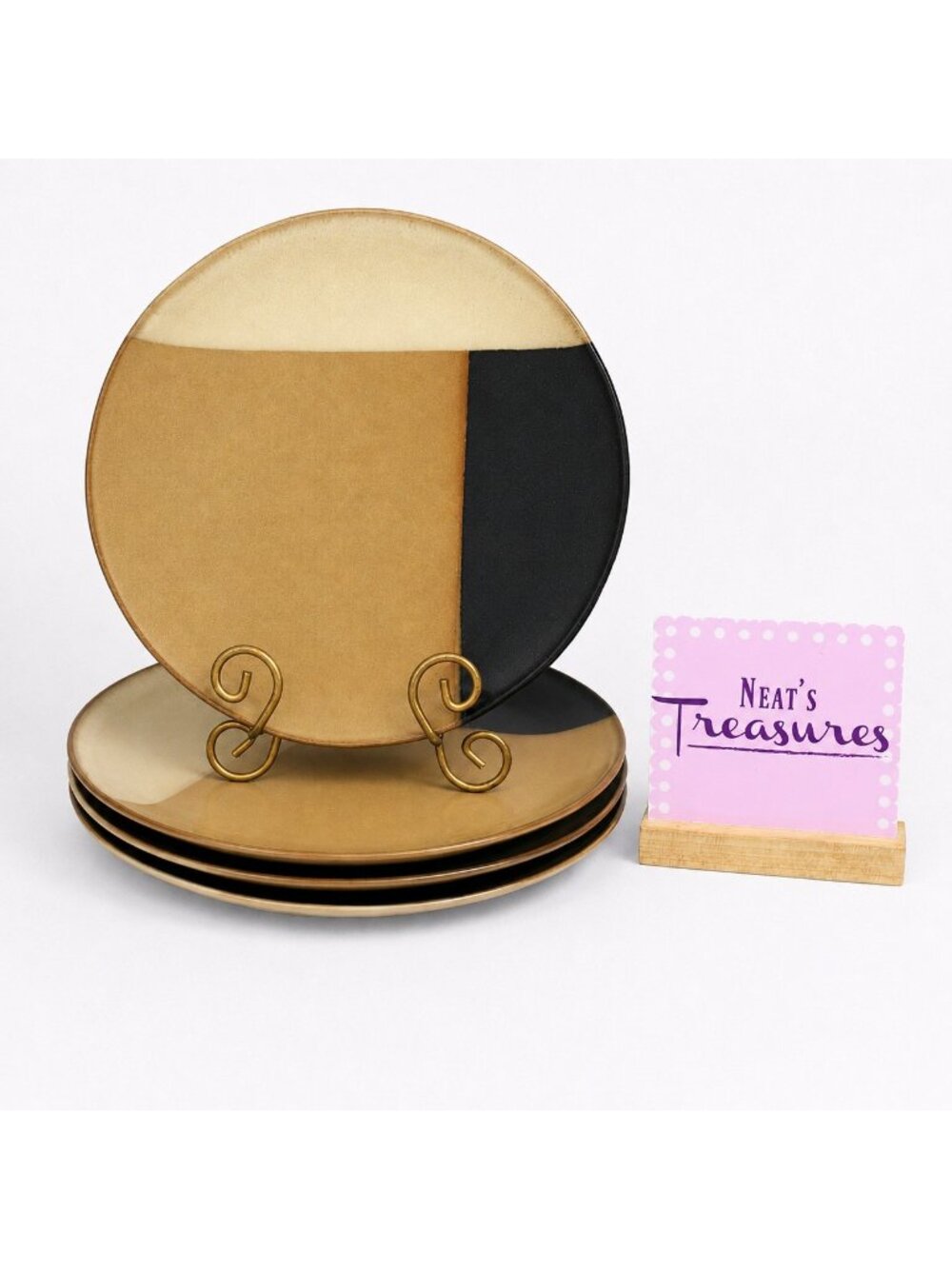 Sango GOLD DUST BLACK 5022 Beige Brown Tan Panel Stoneware Dinner Plates Set 4